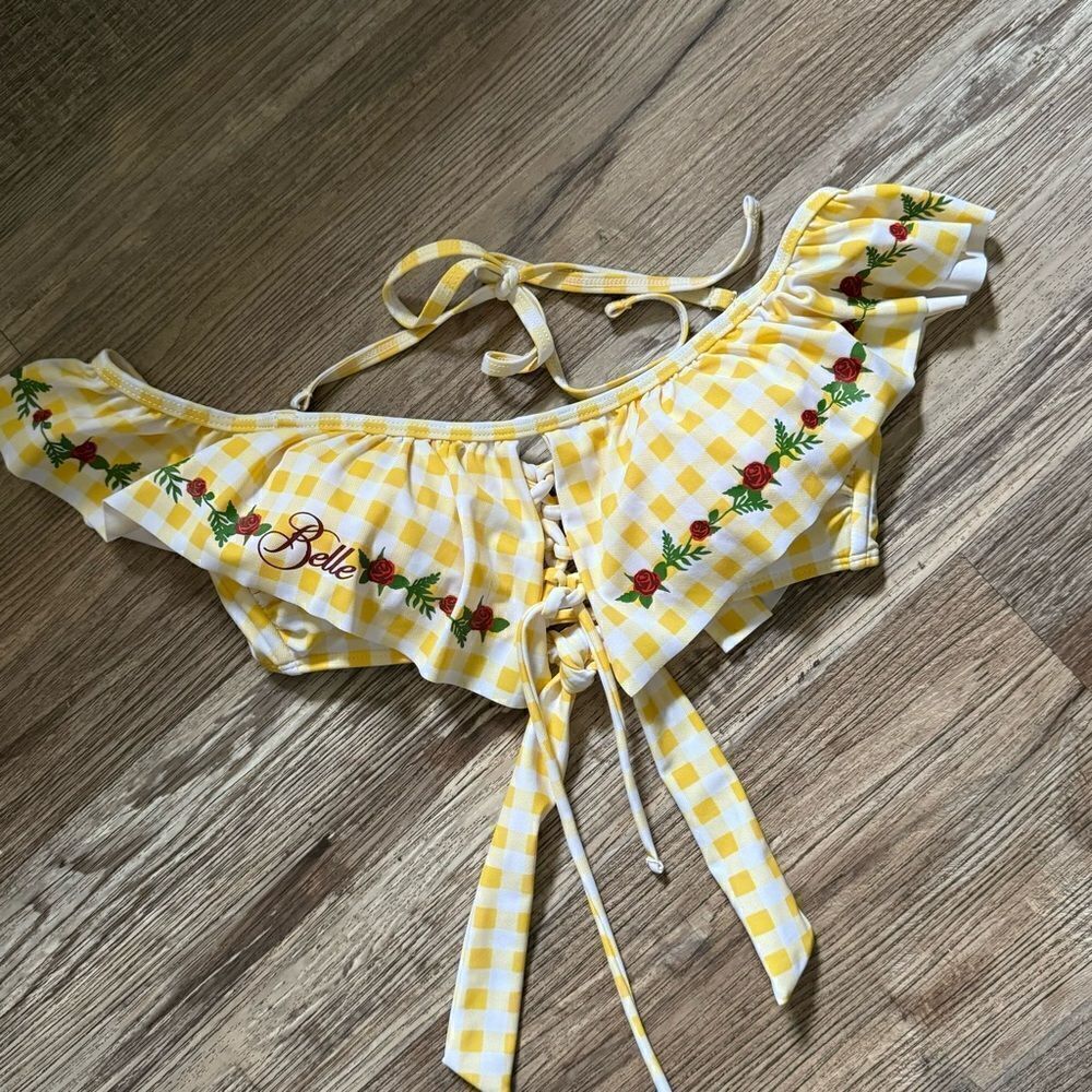 Disney Beauty And The Beast Belle Yellow & White Gingham Print Bikini Top Sz XS